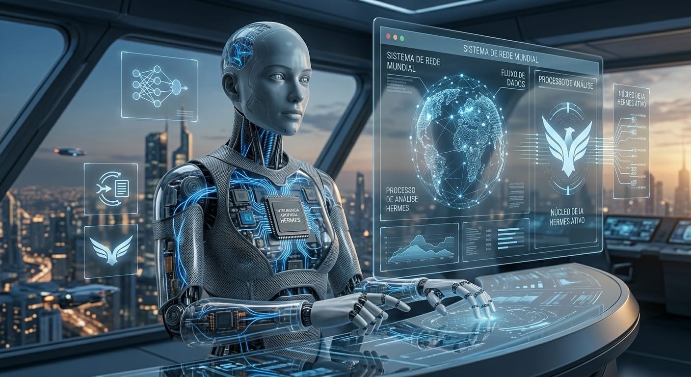 Androide com núcleo de IA Hermes no peito, operando painéis holográficos de uma rede mundial diante de uma cidade ao entardecer