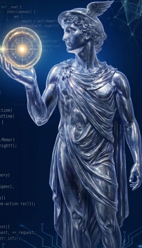 Estátua clássica de Hermes com capacete alado segurando uma esfera de circuitos brilhante